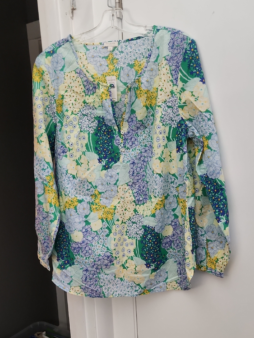 Talbots Green Blue Yellow Floral V-Neck Blouse